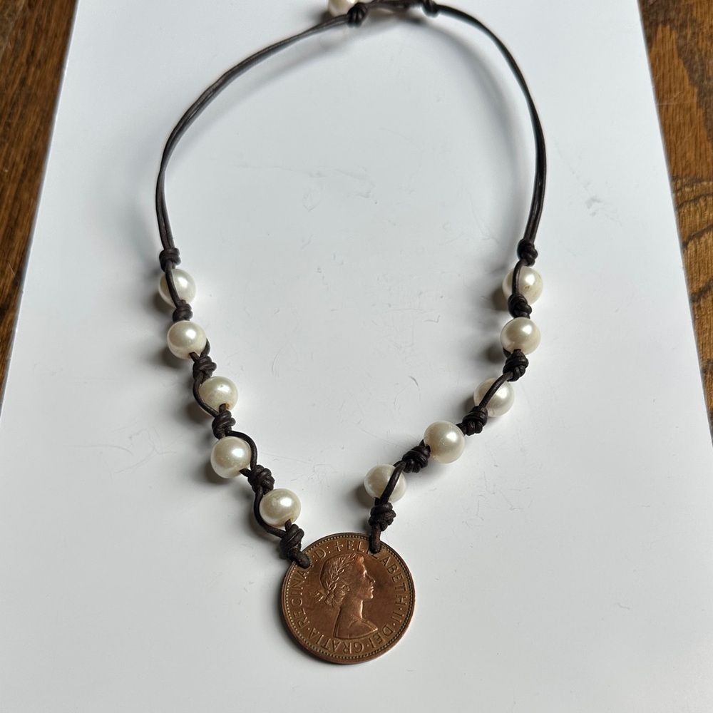Handknotted leather Fresh water pearls with Copper Coin